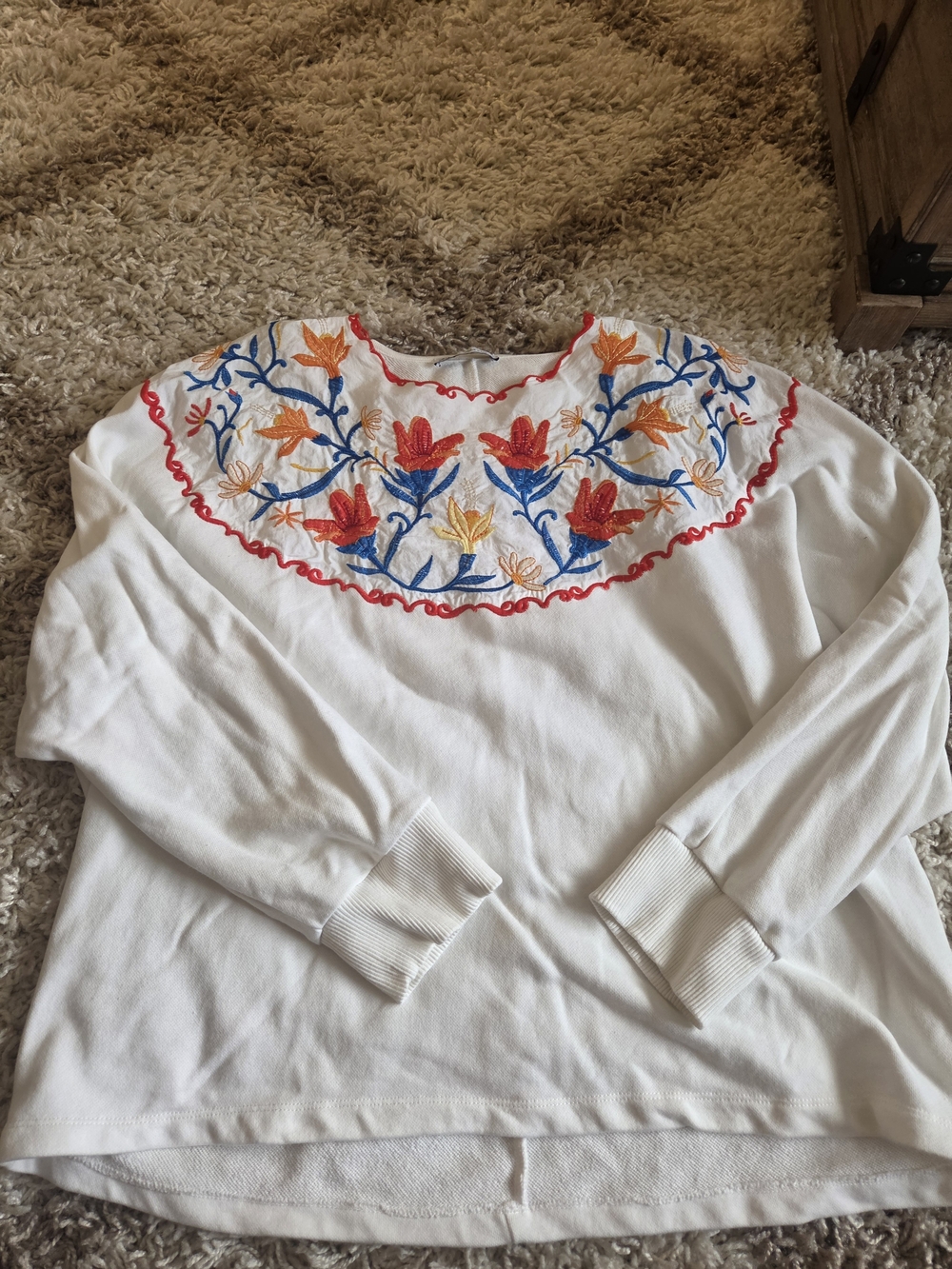 Zara White Sweatshirt with Red, Orange & Blue Floral Embroidery